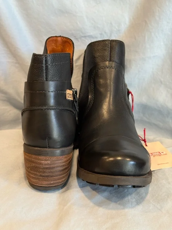 PIKOLINOS Black Leather Ankle Boots with Stacked Brown Heel - Picture 1 of 5